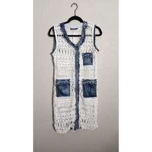 Dor Dor Couture Dress Womens Medium Crochet Denim Studded Boho Vest Pockets